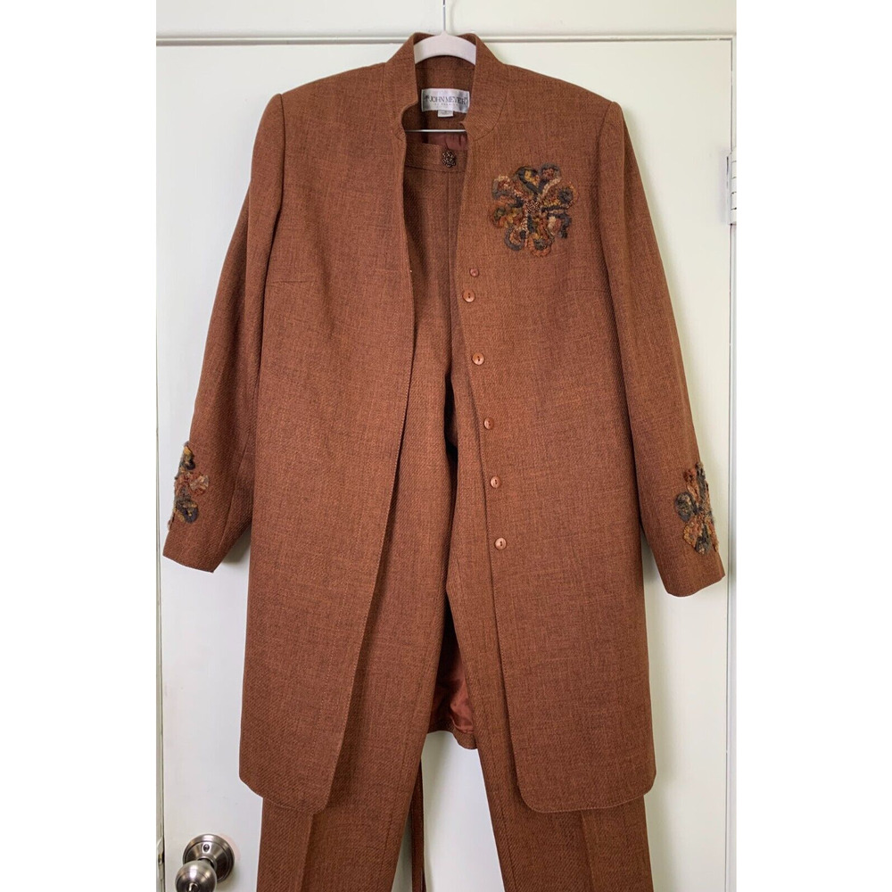 JOHN MEYER BROWN LONG LINE PANT SUIT BEADED EMBROIDERED SIZE 10